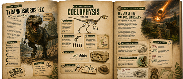 Páginas ilustradas sobre Tyrannosaurus Rex, Coelophysis e a extinção dos dinossauros